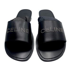 Celine x Hedi Slimane Studded Logo Black Leather Sandal Slide EU43